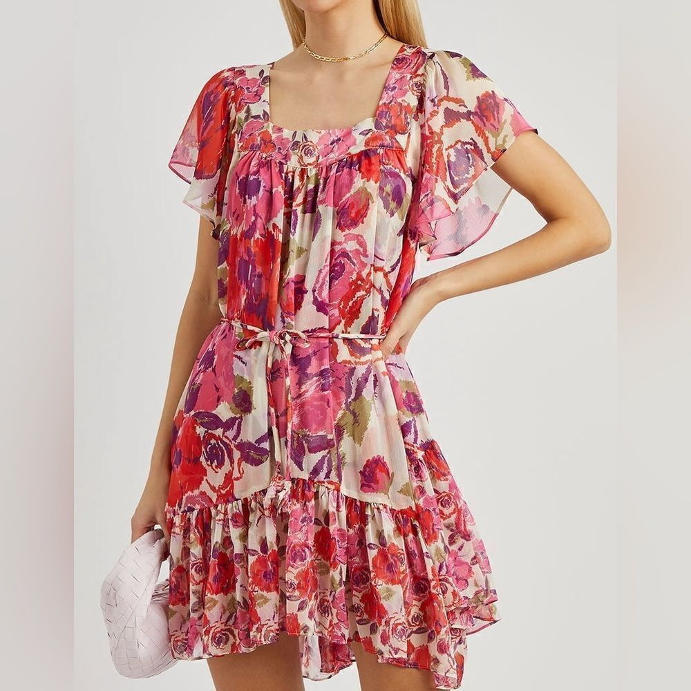 MISA Kasey Floral-Print Chiffon Mini Dress, NWT